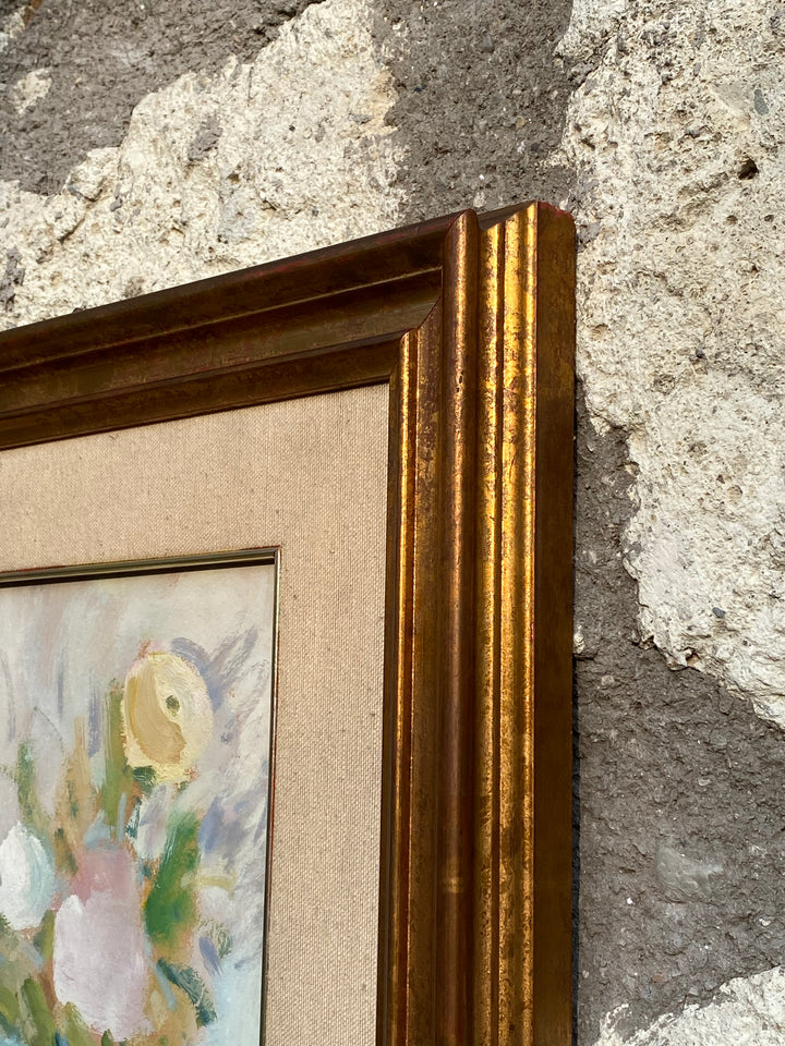Dipinto a Olio su Tavola – Natura Morta con Fiori e Frutti, Firmato