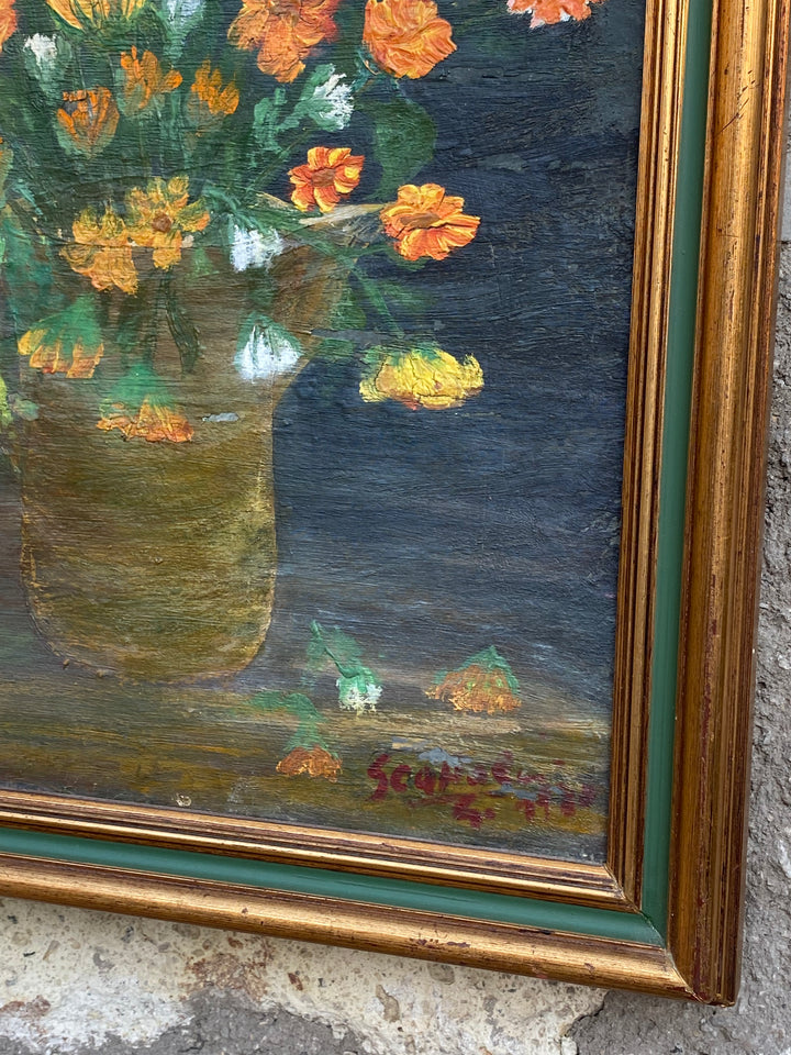 Quadro a Olio con Bouquet di Fiori – Firmato, Cornice Verde e Oro, Vintage