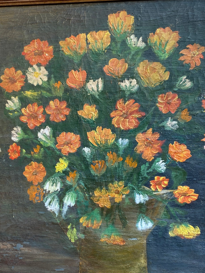 Quadro a Olio con Bouquet di Fiori – Firmato, Cornice Verde e Oro, Vintage