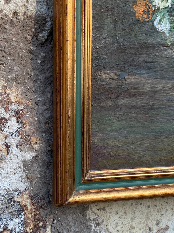 Quadro a Olio con Bouquet di Fiori – Firmato, Cornice Verde e Oro, Vintage