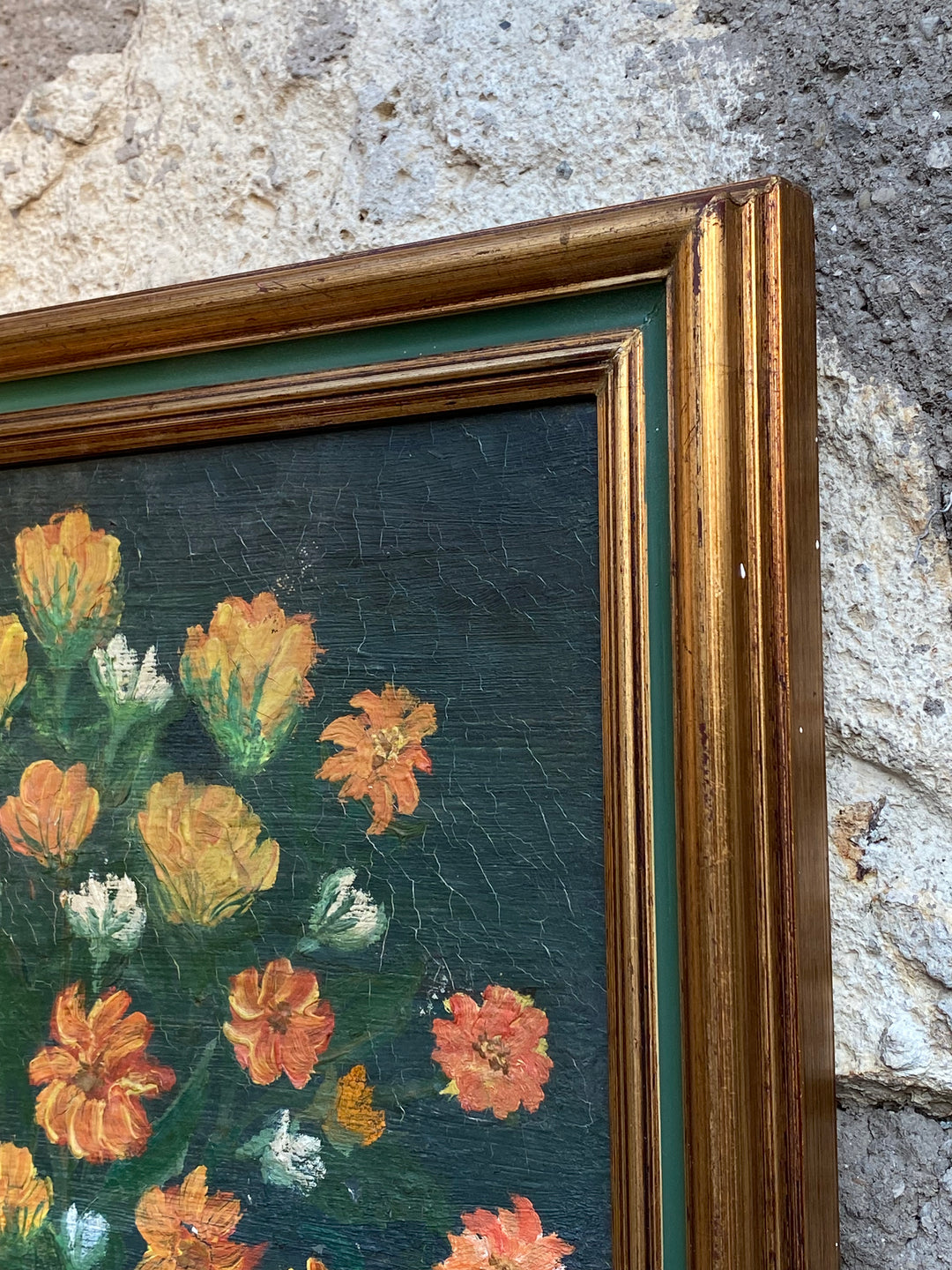 Quadro a Olio con Bouquet di Fiori – Firmato, Cornice Verde e Oro, Vintage