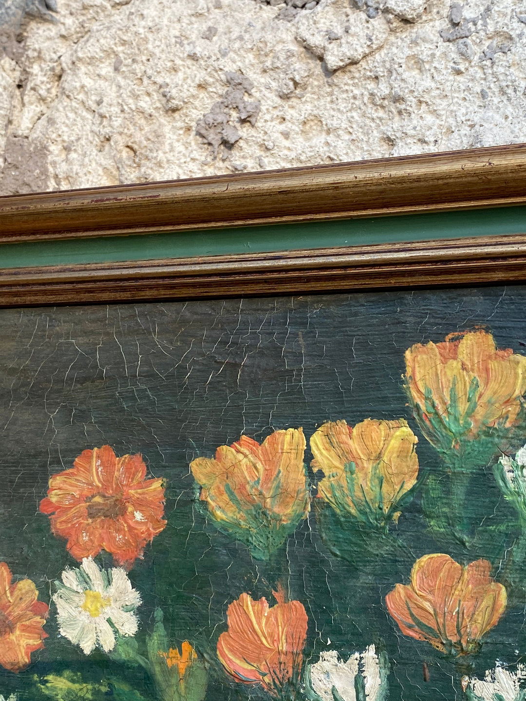 Quadro a Olio con Bouquet di Fiori – Firmato, Cornice Verde e Oro, Vintage