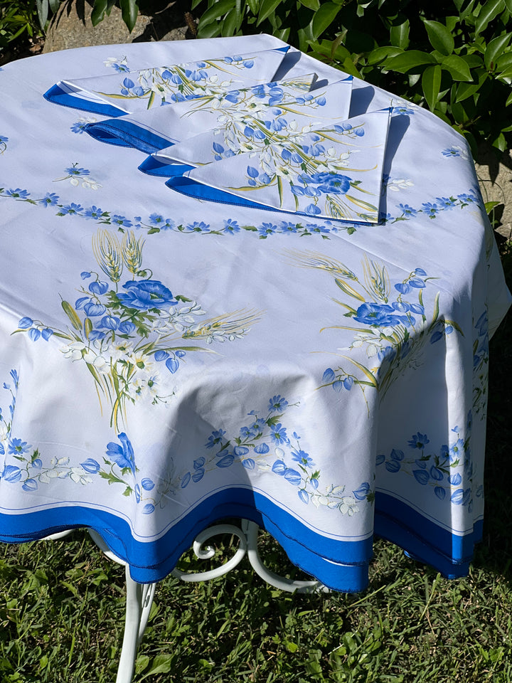 Tovaglia ovale con 12 Tovaglioli coordinati in cotone decoro floreale blu