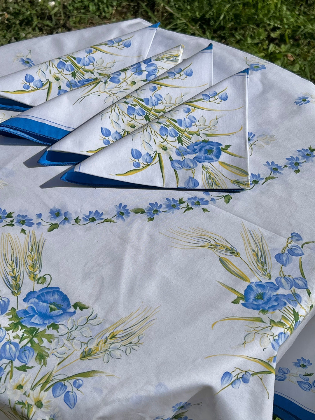Tovaglia ovale con 12 Tovaglioli coordinati in cotone decoro floreale blu