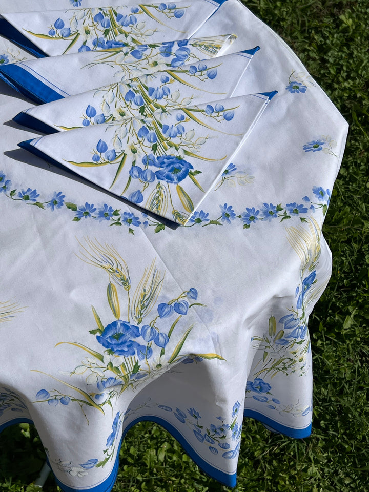 Tovaglia ovale con 12 Tovaglioli coordinati in cotone decoro floreale blu