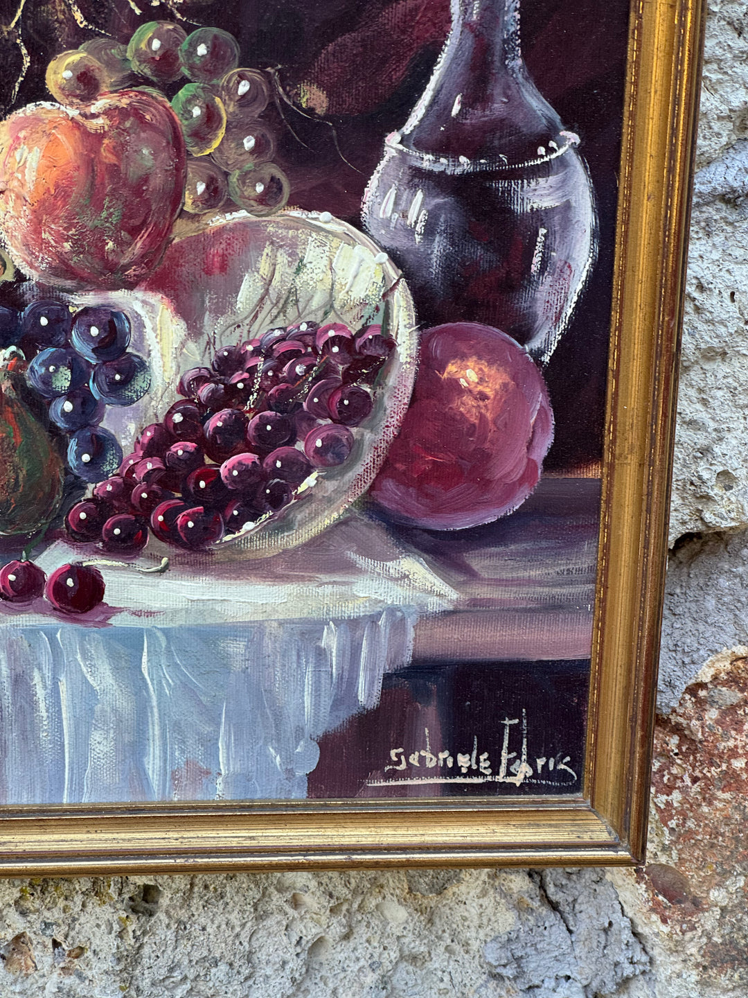 Dipinto olio su tela Natura Morta con Frutta e Caraffa