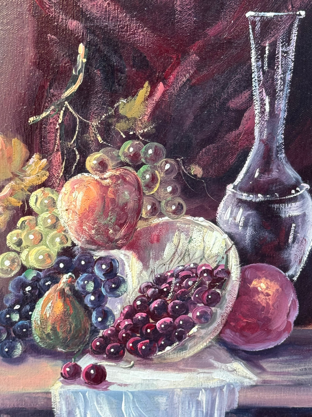 Dipinto olio su tela Natura Morta con Frutta e Caraffa