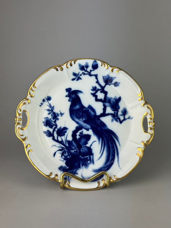 Piattino decorativo vintage in porcellana Limoges con uccello blu e dettagli dorati