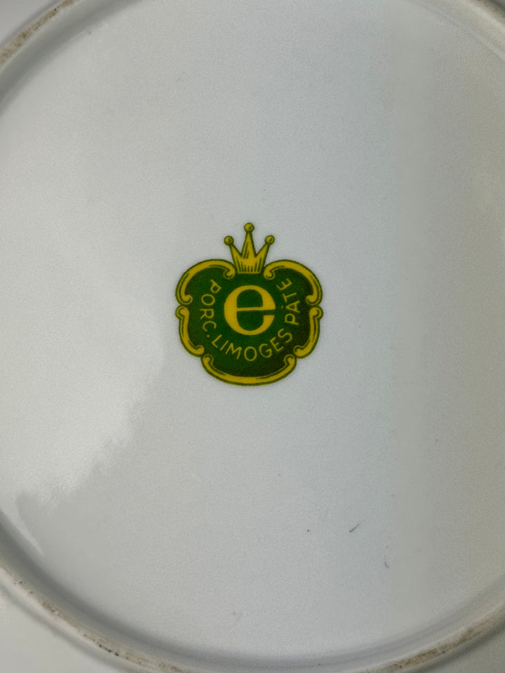 Piattino decorativo vintage in porcellana Limoges con uccello blu e dettagli dorati