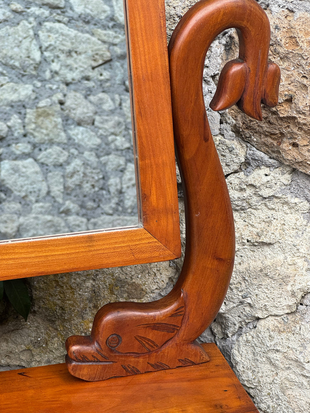 Toeletta da tavolo vintage in legno con specchio basculante e cassetto