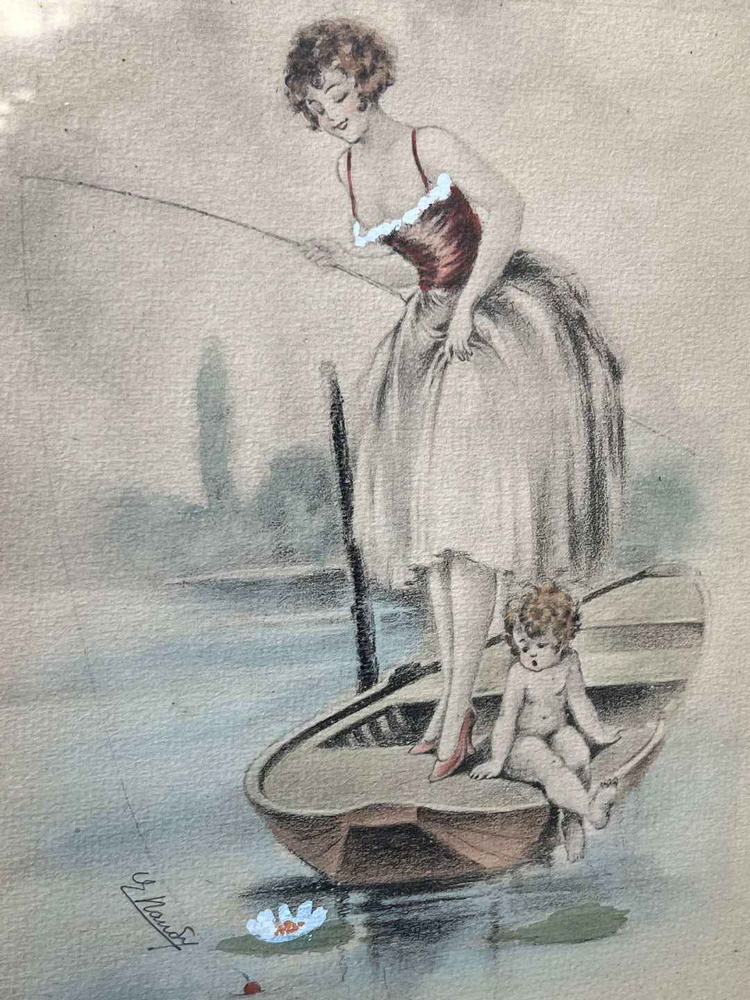 Disegno a Matita Acquarellato – Scena Galante con Donna e Putto su Barca