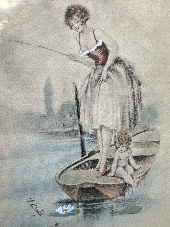Disegno a Matita Acquarellato – Scena Galante con Donna e Putto su Barca