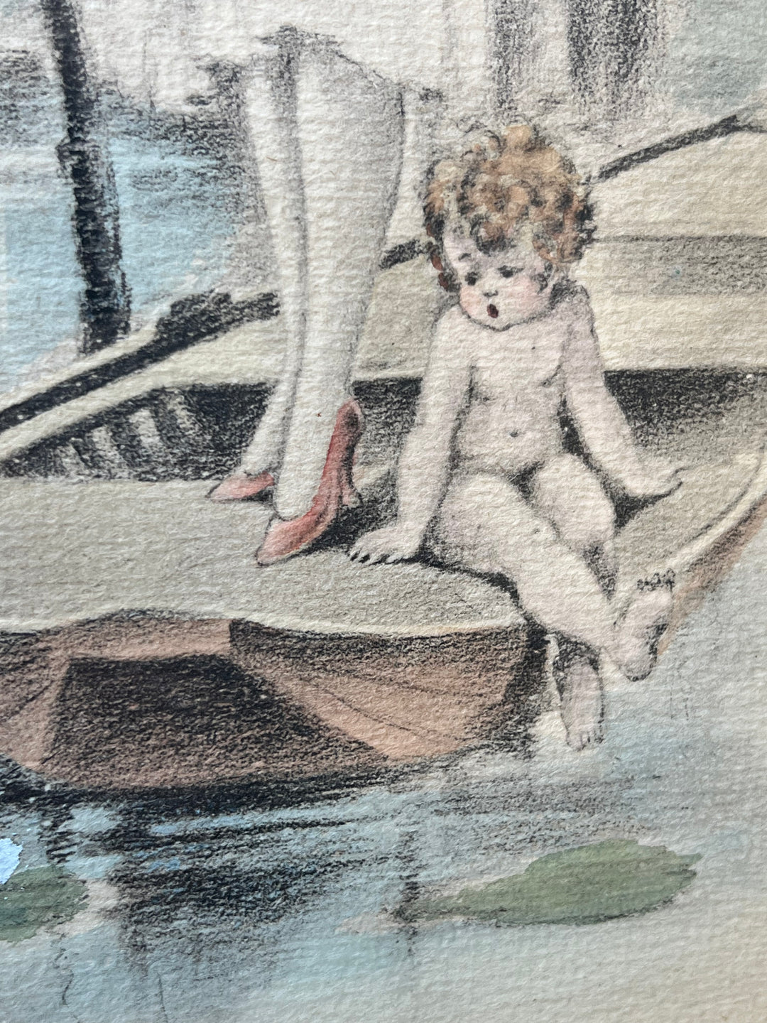Disegno a Matita Acquarellato – Scena Galante con Donna e Putto su Barca