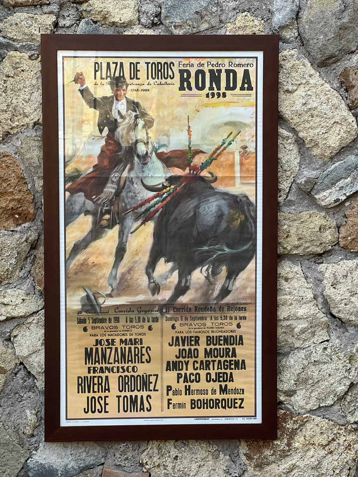 <p>Manifesto corrida "Plaza de Toros ronda" 1998 con cornice in legno.&nbsp;</p> <p>Misure 110x60cm</p>