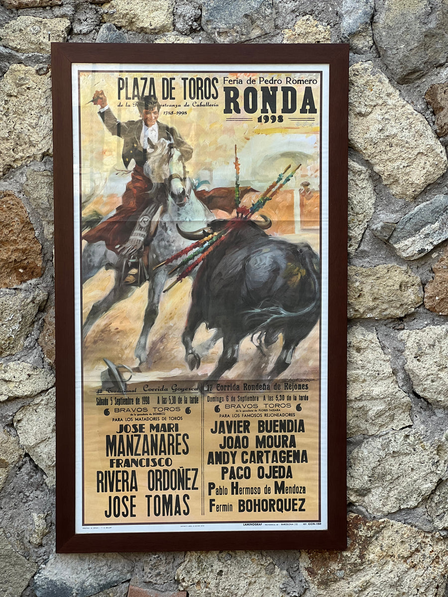 <p>Manifesto corrida "Plaza de Toros ronda" 1998 con cornice in legno.&nbsp;</p> <p>Misure 110x60cm</p>