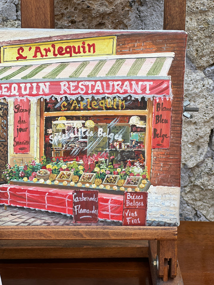 Dipinto olio su tela P. Couton, ristorante L’Arlequin, bancarella fiorita