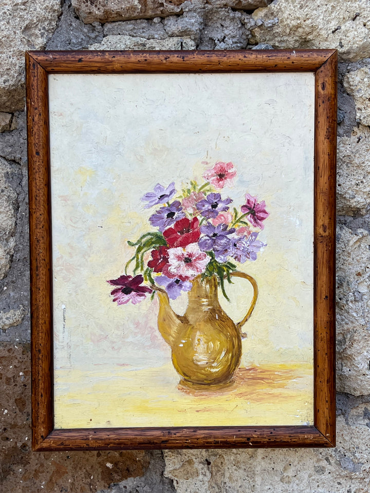 Dipinto a olio su tela con fiori in brocca gialla, cornice in legno