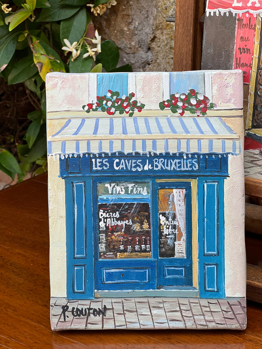 Dipinto olio su tela Les Caves de Bruxelles, bottega blu, firmato P. Couton
