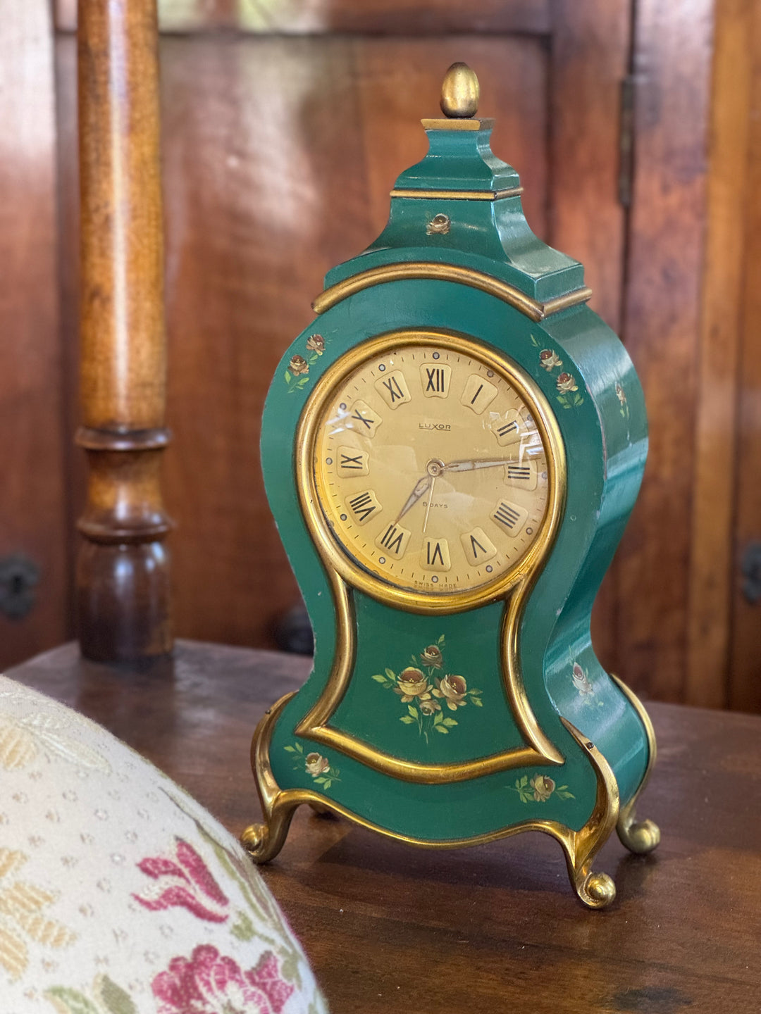 Orologio da Tavolo Luxor Swiss Made Verde e Oro Stile Rococò Vintage