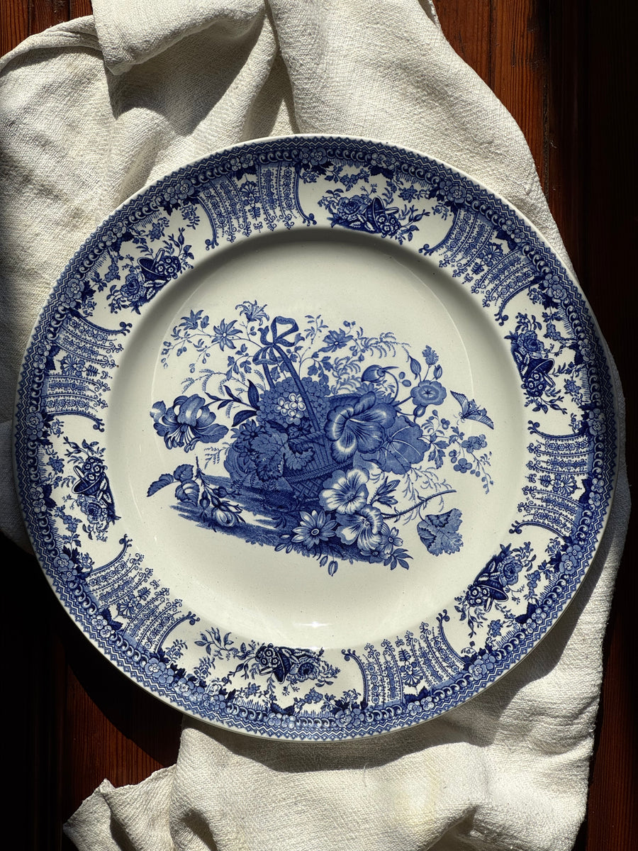 Piatto antico Burleigh Florida in ceramica inglese blu e bianca
