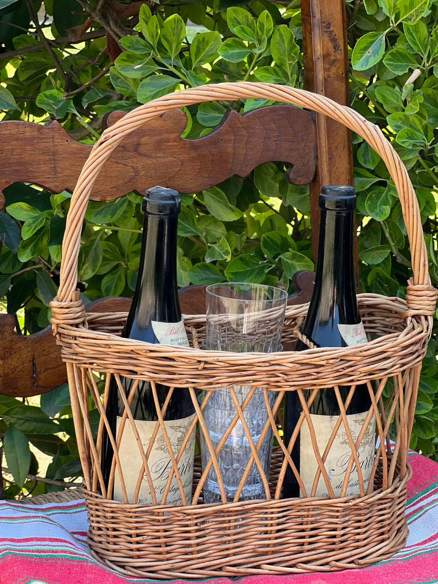 Cestino portabottiglie in rattan intrecciato con tre scomparti, stile vintage