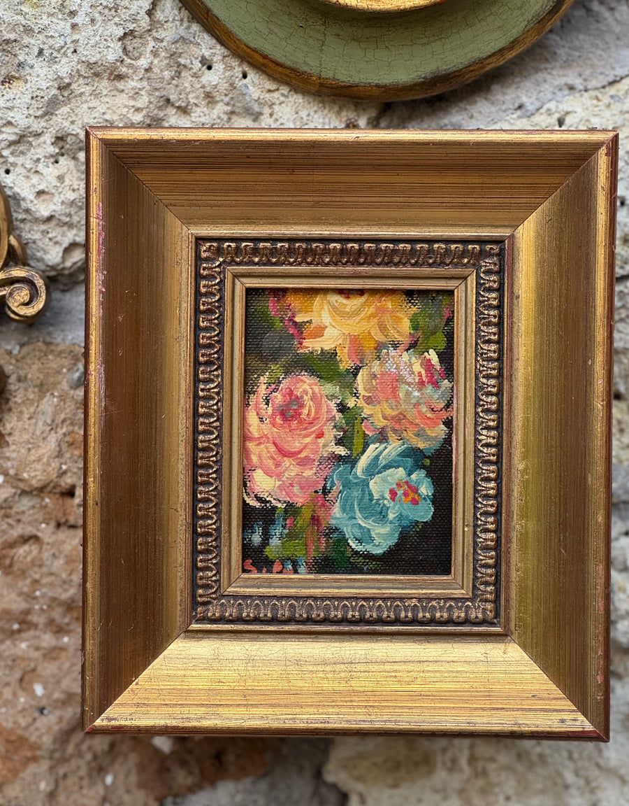 Quadretto floreale vintage olio su tela con cornice dorata decorata