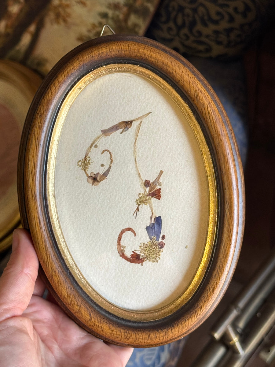 Quadretto vintage ovale con iniziale F composta da fiori secchi pressati
