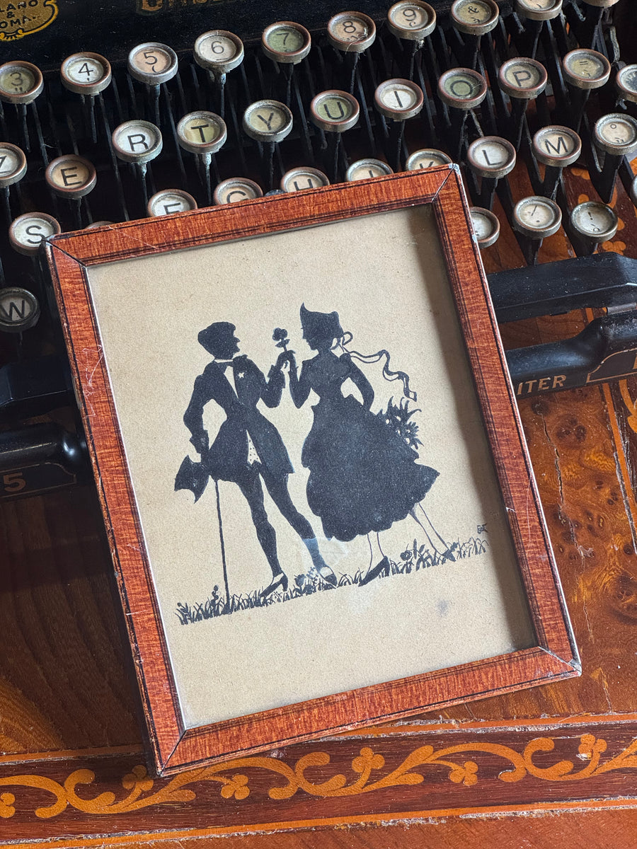 Quadretto vintage con silhouette romantica di coppia e cornice in legno