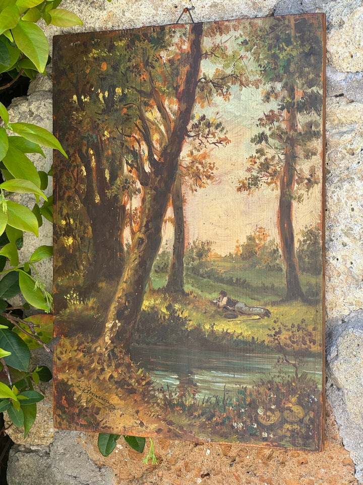 Quadro antico olio su tavola firmato Brancaccio 1887 paesaggio bosco con lago