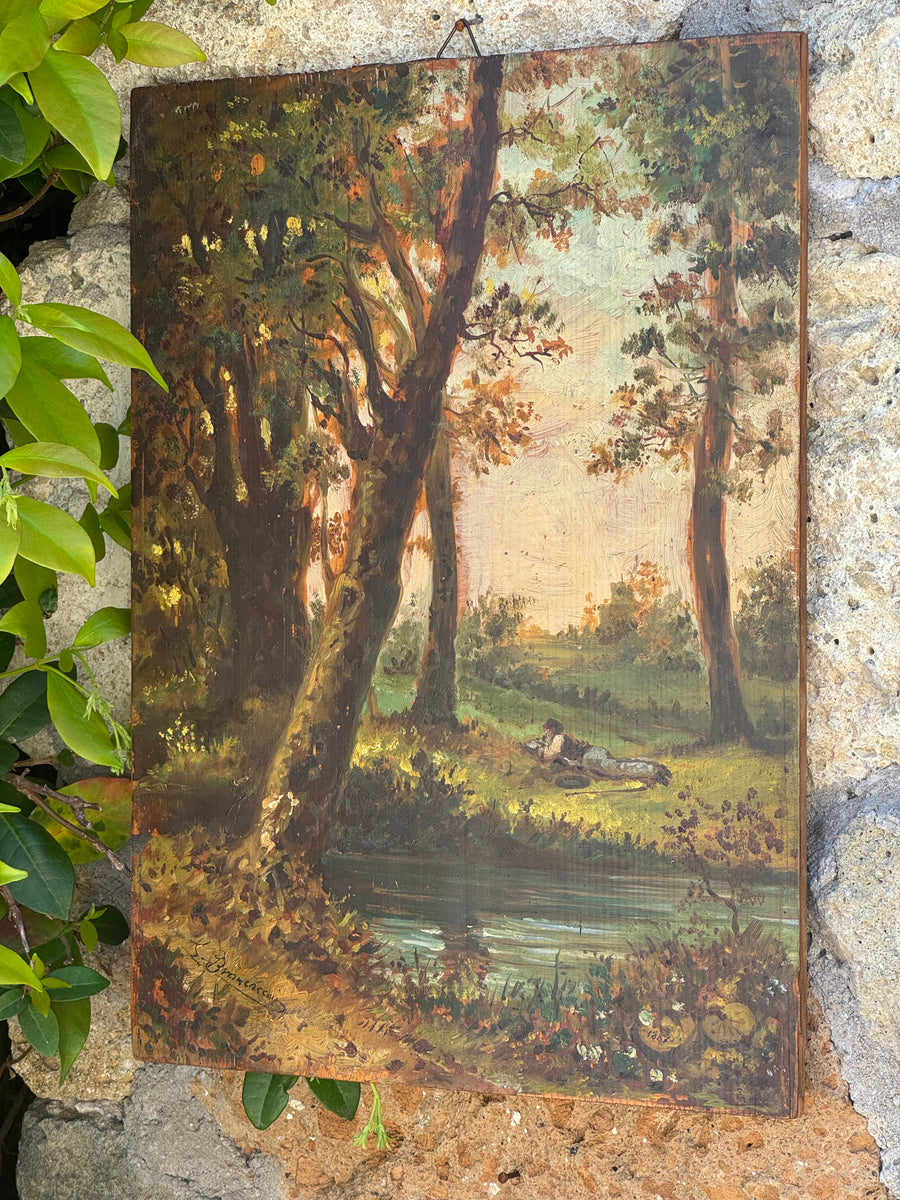 Quadro antico olio su tavola firmato Brancaccio 1887 paesaggio bosco con lago