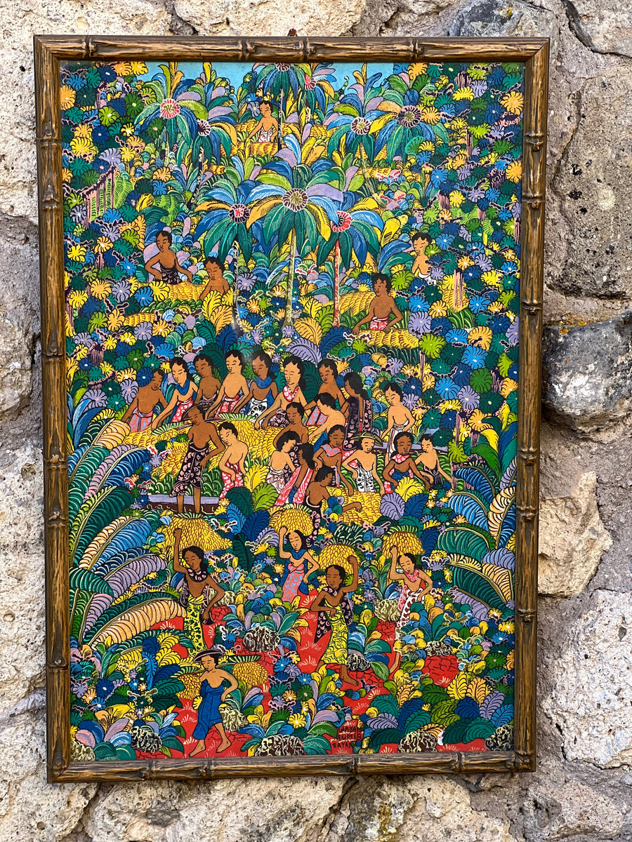 Esotico e vibrante quadro raffigurante una scena di vita quotidiana immersa in una lussureggiante giungla tropicale. I colori vivaci e i dettagli raffinati trasportano l'osservatore in un mondo ricco di natura e cultura.

Un'opera perfetta per chi ama l'arte etnica e vuole aggiungere un tocco di colore e calore a qualsiasi ambiente. Adatta a salotti, studi o spazi dedicati a viaggiatori e appassionati di culture lontane.

Presente firma in basso a destra.

Misure 41x61 cm