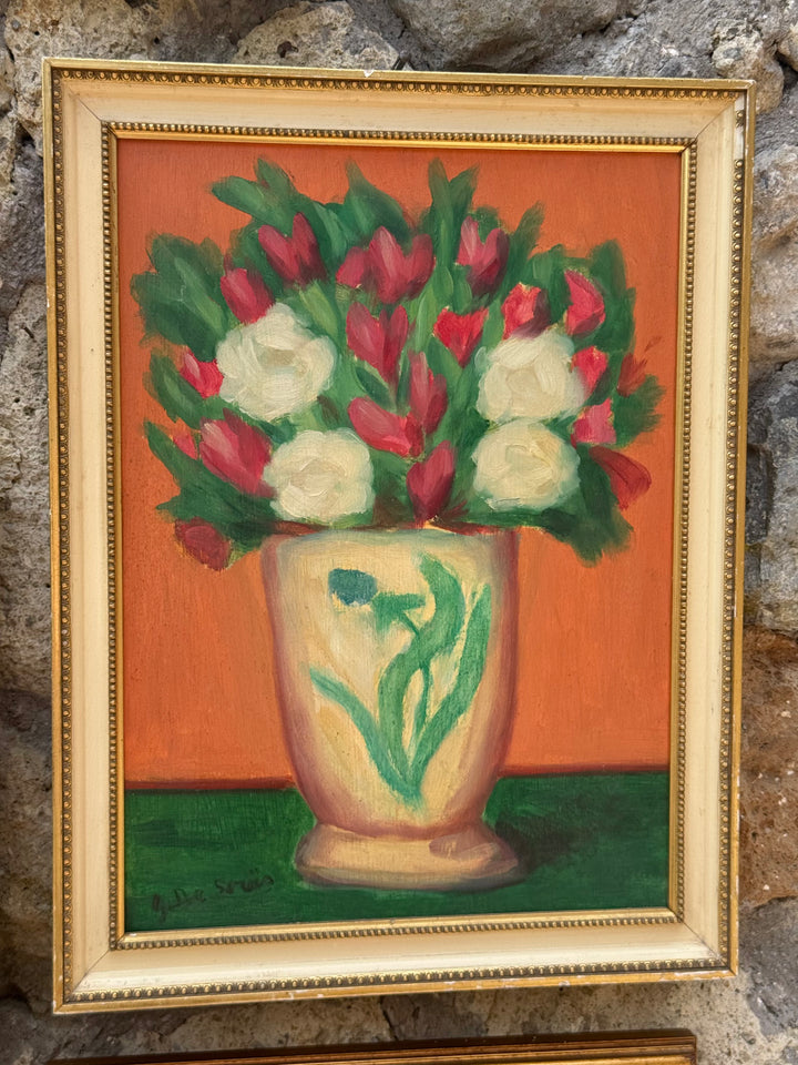 Quadro Olio su Tavola "Bouquet di Fiori" con cornice dorata