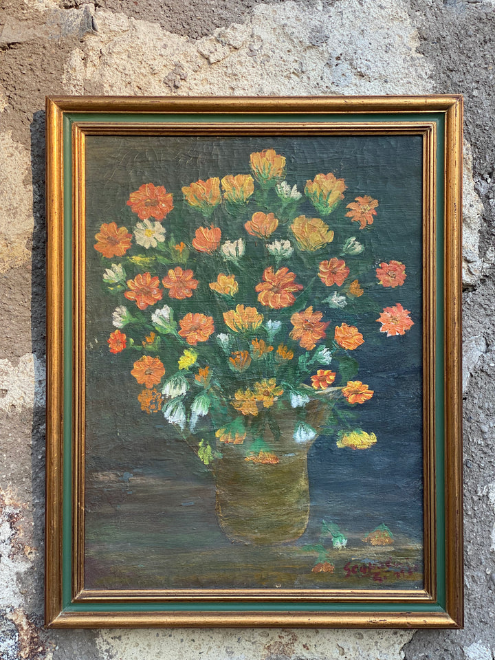Quadro vintage a olio su tela con bouquet di fiori, firmato e incorniciato in legno dorato e verde