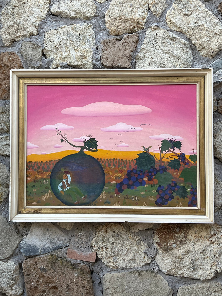Dipinto a olio su tela con cielo rosa, vigneto e uomo dentro una botte