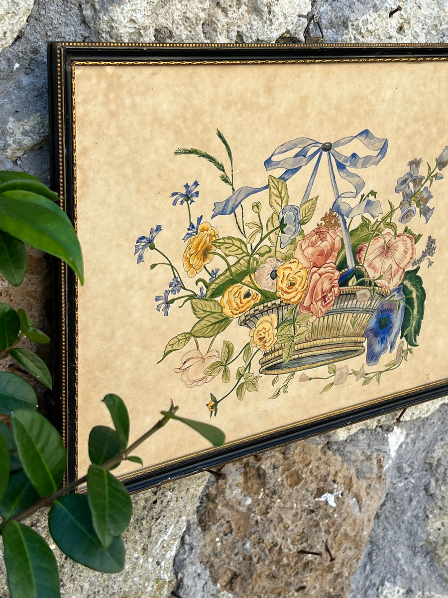 Quadro floreale vintage disegnato a mano a penna con cestino e fiocco