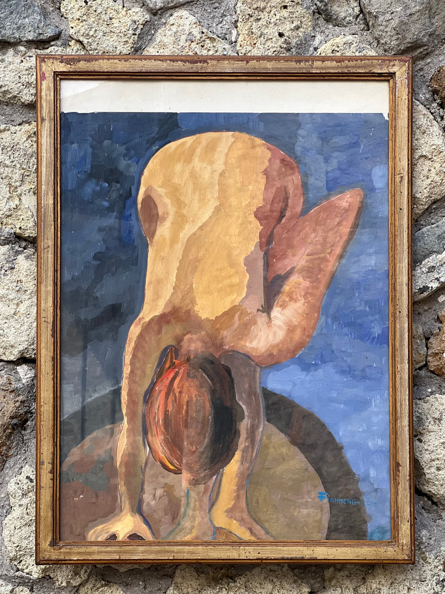 Il quadro raffigura una figura femminile nuda vista di spalle e inchinata in avanti. L'artista, Eva Fiammenghi, ha utilizzato colori caldi per la pelle, mentre lo sfondo è caratterizzato da tonalità fredde di blu e grigio che creano un contrasto con la figura centrale.

Il dipinto ad olio su carta, è incorniciato in una cornice semplice ma elegante cosi da porre maggiore attenzione al soggetto.

Misure 55x75 cm&nbsp;