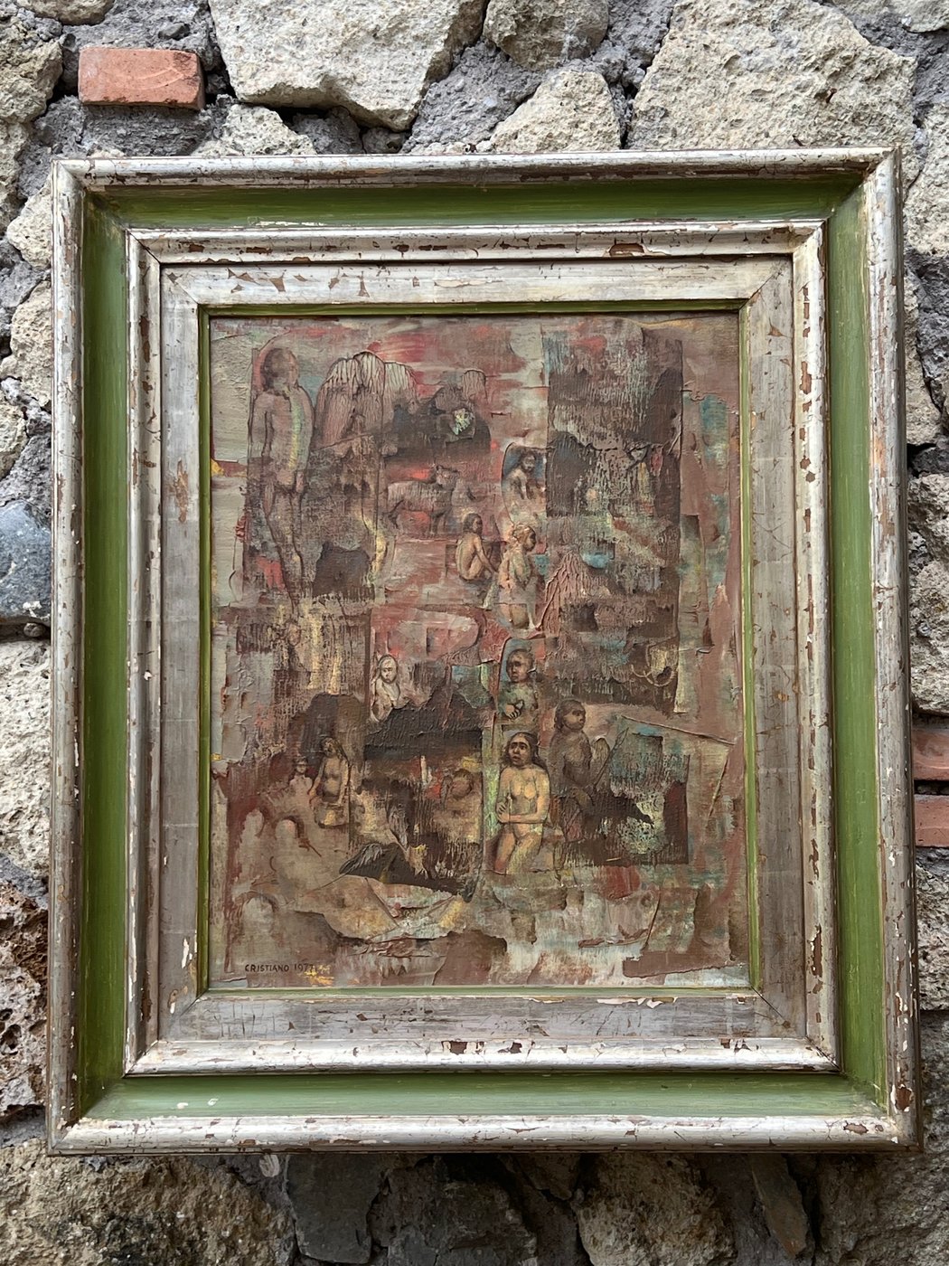 Quadro olio su tela firmato&nbsp;“Cristiano 1977” intitolato “Paleolitico”. Questa opera d’arte unica rappresenta una scena figurativa ricca di dettagli e colori terrosi, evocando atmosfere preistoriche e misteriose. Il dipinto, realizzato su tela, è incorniciato in una cornice antica con dettagli in verde e argento, che aggiunge un ulteriore tocco di eleganza e carattere.Misure 43x73 cm