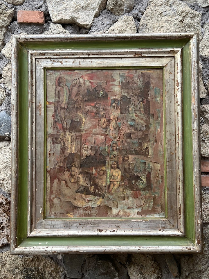 Quadro olio su tela firmato&nbsp;“Cristiano 1977” intitolato “Paleolitico”. Questa opera d’arte unica rappresenta una scena figurativa ricca di dettagli e colori terrosi, evocando atmosfere preistoriche e misteriose. Il dipinto, realizzato su tela, è incorniciato in una cornice antica con dettagli in verde e argento, che aggiunge un ulteriore tocco di eleganza e carattere.Misure 43x73 cm
