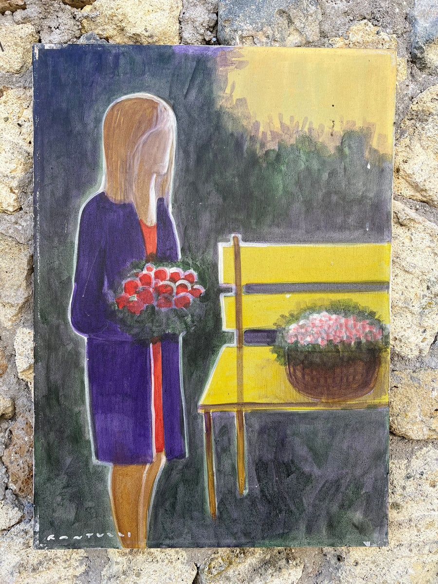 <p>Quadro olio su tela firmata Fantuzzi con donna bionda con in mano un bouquet e sul fondo una panchina gialla con fiori.</p> <p>Misure 40x70 cm</p>