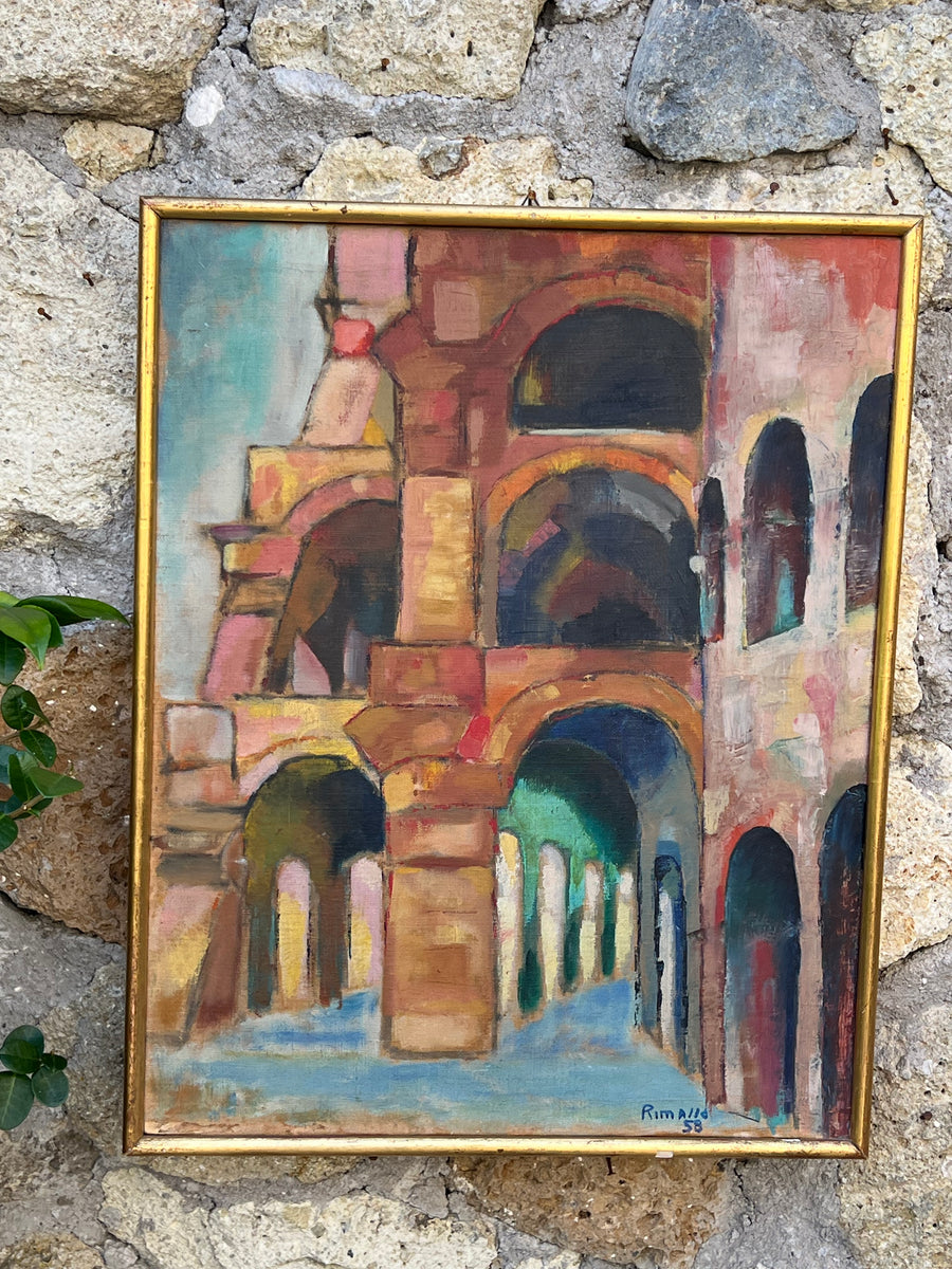 Quadro olio su tela Fuga d’Archi di Renato Rimassa con archi stilizzati e cornice dorata