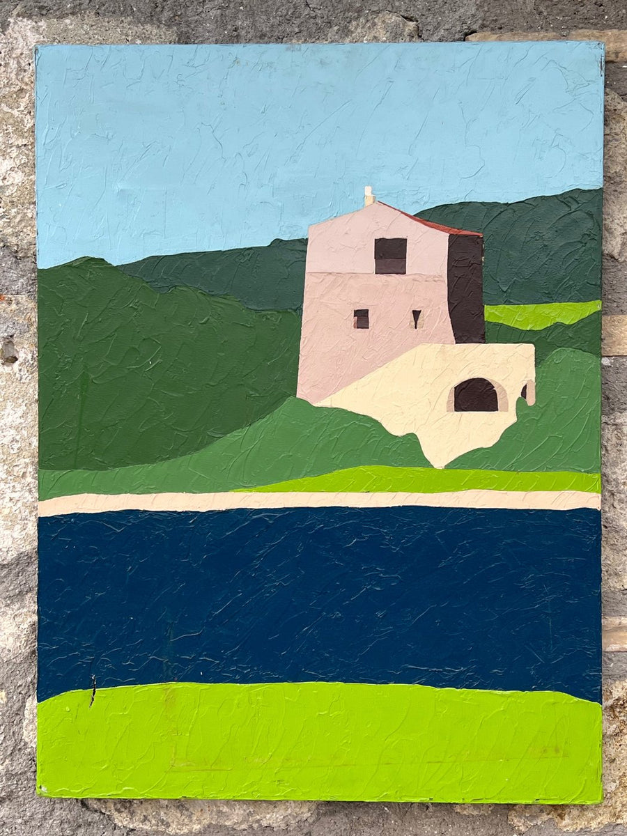 Quadro olio su tela di Franco Costa "Sardinia".  Questo quadro rappresenta una scena costiera in uno stile astratto e minimalista con casale in lontananza ma con colori vivaci e accesi.  Misure 60x80 cm