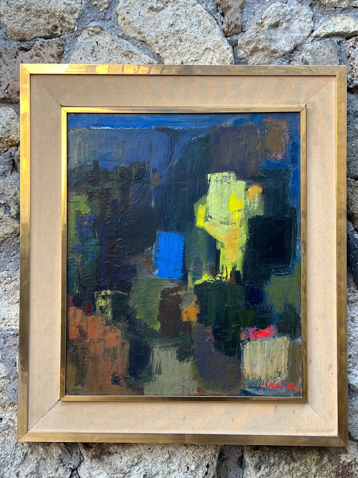 Il quadro, firmato L. Rossi, presenta una composizione densa di forme e colori, con sfumature di blu profondo, giallo vibrante e tocchi di rosso, tutti sapientemente bilanciati per creare un impatto visivo immediato. La texture pesante e le pennellate audaci aggiungono profondità e movimento, evocando emozioni intense.

Questa opera è un esemplare eccellente per gli amanti dell'arte astratta e farebbe una dichiarazione audace in qualsiasi collezione.

Misure 68,5x79,5 con cornice, solo tela 52x62 cm
