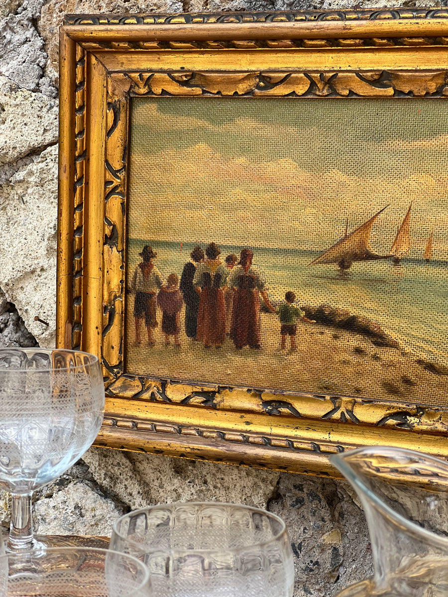 Quadro olio su tela con cornice dorata intagliata raffigurante scena marina con barche a vela