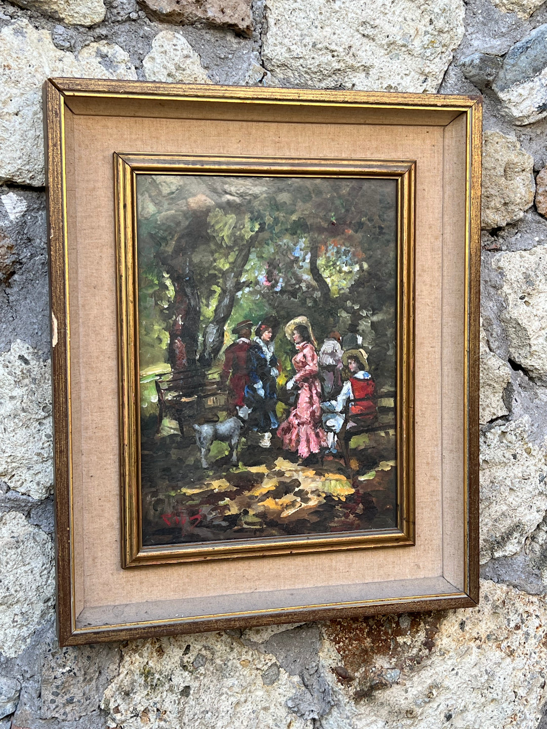 Quadro olio su tela incontro tra donne al parco '900