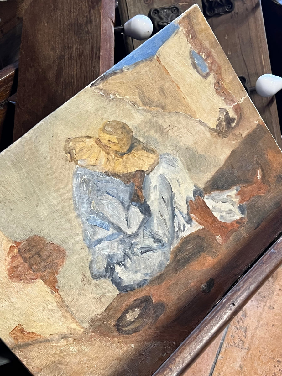 Quadro olio su tela posto su tavola raffigurante un mendicante. Le pennellate e l'uso sapiente della luce trasmettono un senso di quiete e introspezione, evocando atmosfere rurali autentiche e senza tempo.&nbsp;

Il dipinto si distingue per la delicatezza dei colori tenui e caldi, ideale per arricchire ambienti dal gusto rustico o country chic.

Misure 36x26 cm&nbsp;