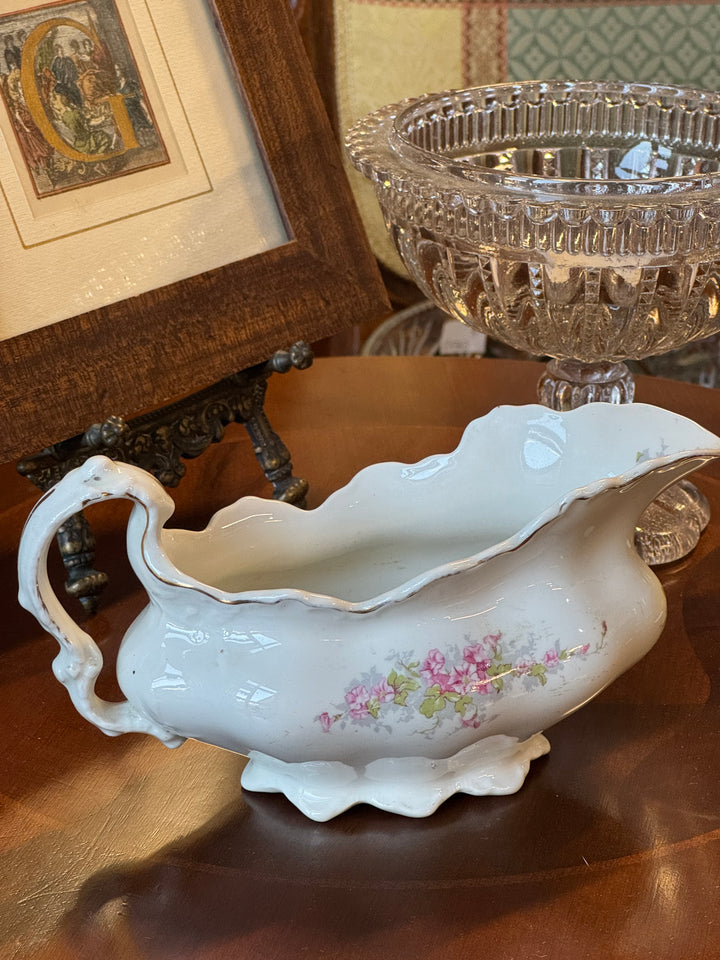 Salsiera in porcellana Johnson Bros con decoro floreale e bordo dorato