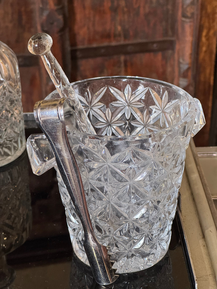 Secchiello ghiaccio vintage in vetro pressato con pinza e mescolatore