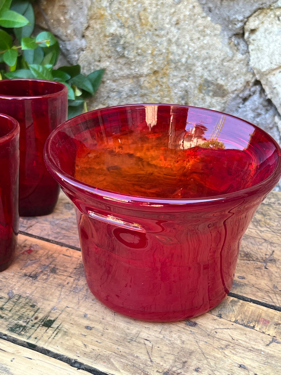Secchiello da ghiaccio vintage in vetro rosso rubino, stile anni '70 con manici a rilievo