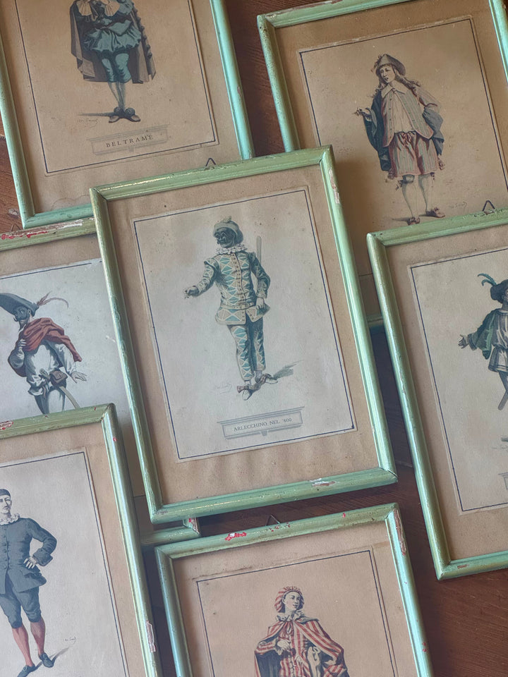 Stampe vintage incorniciate con personaggi della Commedia dell’Arte italiana