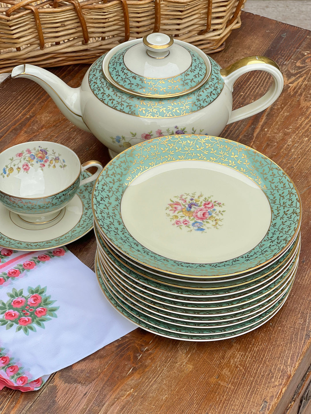 Servizio da tè vintage Thomas Bavaria con bordo verde acqua e decoro floreale dorato